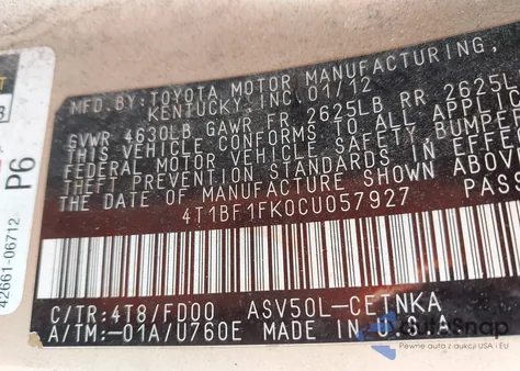 2012 Toyota Camry Le from USA, damaged, VIN 4T1BF1FK0CU057927